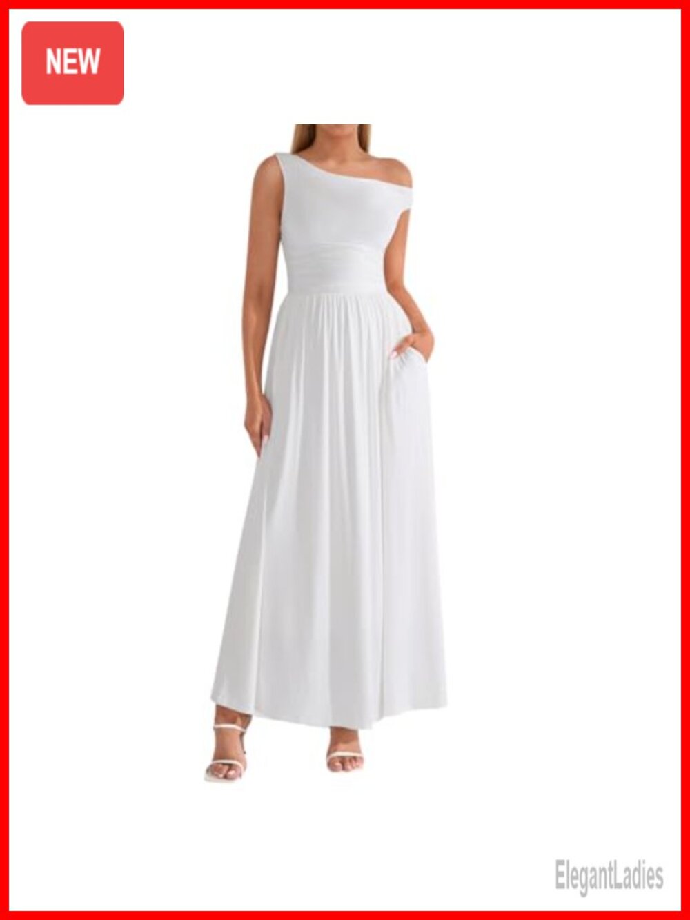 One Shoulder Maxi Dress with Pockets Flowy A-Line Wedding Guest